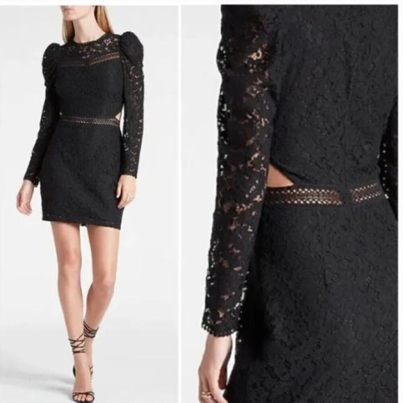 NWT Express Black Lace Puff Sleeve Side Cutout Dress Size M - Picture 1 of 9